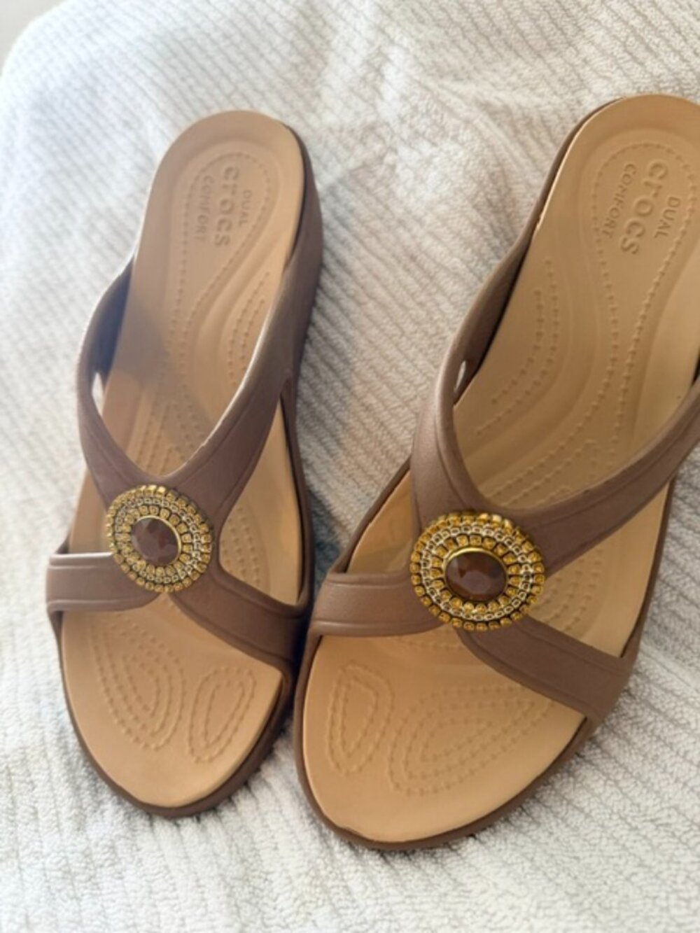 Crocs Dual Comfort Wedge Sandals – Brown with Decorative Jewel Accent – Women’s